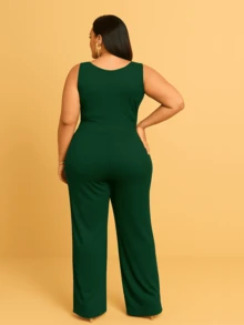 Women's Plus Size Tank Top Jumpsuit, Ribbed And Elastane Fabric, V-Neck, Plain, Wide-Leg Pants, Casual, Chic, Modern Fashion - 軍綠色 - 查看 2