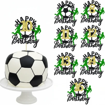 1Pc Soccer Birthday Cake Topper Set, Glitter Green & Gold Soccer Theme Party Decorations, Happy Birthday Cake Inserts With Numbers 8-16 For Teens Football Fans, Sports Theme Cake Pick Party Favors