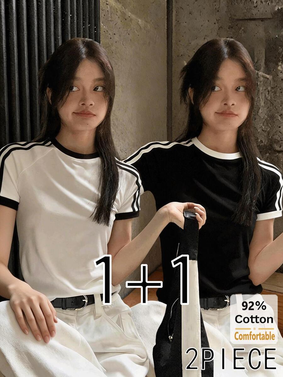 Bộ 2 áo thun ngắn tay kẻ sọc, kiểu dáng tôn dáng và thời trang dành cho nữ. - Đen + Trắng - Xem 1