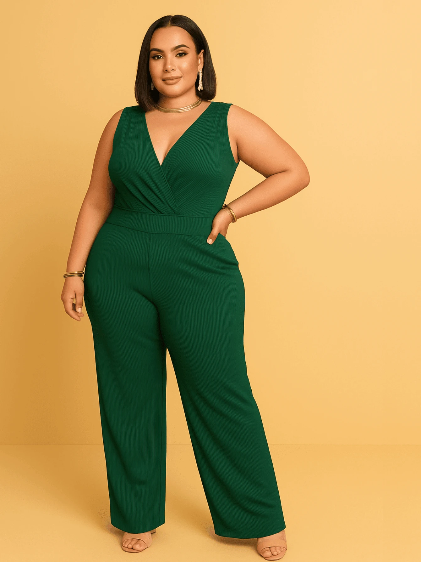Women's Plus Size Tank Top Jumpsuit, Ribbed And Elastane Fabric, V-Neck, Plain, Wide-Leg Pants, Casual, Chic, Modern Fashion - 軍綠色 - 查看 1