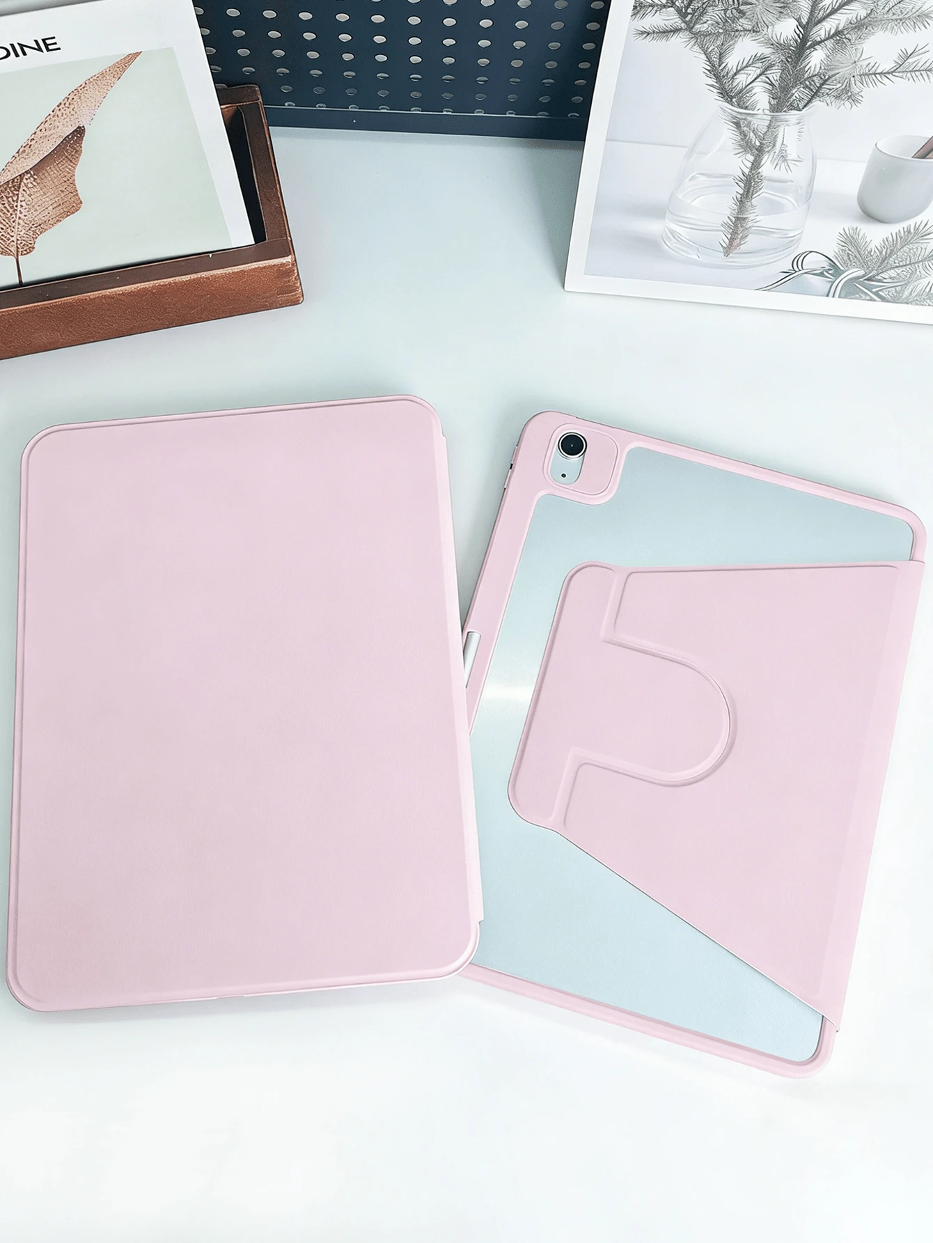 适用于 iPad 10/11(A16)2025/9/8/7、Mini 6、Pro 11/12.9(2018/2020/2021/2022)的 360° 旋转保护壳,带笔槽,超薄/智能支架/自动唤醒保护壳,兼容 Apple。 - 粉色 - 查看 1