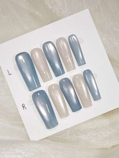10 móng tay giả thủ công nguyên chất, kiểu dáng dài hình quan tài, màu sâm panh và xanh dương, hiệu ứng mắt mèo, dễ thương, sang trọng, ánh nhấp nháy nhẹ nhàng kiểu Y2K, phù hợp cho phụ nữ và bé gái, dùng cho mùa xuân, hè, thu đông, ngày lễ và sinh hoạt hàng ngày.
