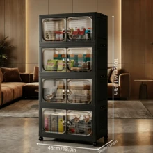 Black Folding Storage Cabinet With Wheels And Clear Doors - 3-Tier Stackable Organizer, Collapsible Plastic Rolling Storage Cart For Kitchen, Bathroom, Living Room, Bedroom & Closet, Space-Saving Mobile Unit With Transparent Front And Locking Casters For Toys, Snacks, Books & Household Items, Black Finish (Multiple Layer Configurations Available) - View 12