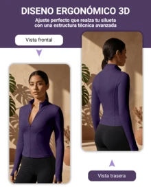 Chaqueta deportiva de manga larga con cremallera de color liso para mujer, corte ajustado y puños con abertura para el pulgar, ideal para fitness, yoga y running. - Morado - Ver 5