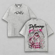 Vintage Washed One Piece Donquixote Doflamingo "Dotty" Signature Manga Line Art Pink Feather Coat Graphic Oversized T-Shirt, Heavenly Yaksha Villain Anime Streetwear Casual Short Sleeve Tops, Anime Shirts, Mens Clothes, Mens T Shirts, Y2k Clothes Vintage Washed Oversized T-Shirt, Unisex Casual Streetwear Japanese Anime T-Shirts, 100 Percent Cotton Mens Clothes, Unisex Graphic T Shirt - Xám - Xem 1