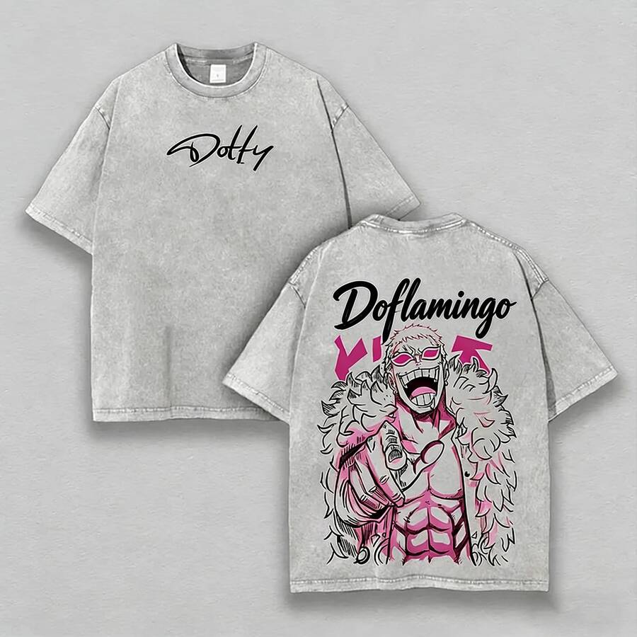 Vintage Washed One Piece Donquixote Doflamingo "Dotty" Signature Manga Line Art Pink Feather Coat Graphic Oversized T-Shirt, Heavenly Yaksha Villain Anime Streetwear Casual Short Sleeve Tops, Anime Shirts, Mens Clothes, Mens T Shirts, Y2k Clothes Vintage Washed Oversized T-Shirt, Unisex Casual Streetwear Japanese Anime T-Shirts, 100 Percent Cotton Mens Clothes, Unisex Graphic T Shirt - Xám - Xem 1