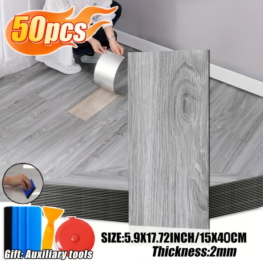 25 Packs/50 Packs Of 3D Wood Grain Vinyl Floor Tiles, Measuring 15.75 Inches X 5.91 Inches, Can Be Torn And Pasted PVC Floor Stickers, Removable And Reusable, Suitable For Home Decoration, Living Room, Bedroom, Dining Room, Dormitory, Etc. - 灰色 - 查看 1