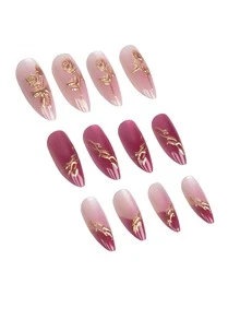 24Pcs Summer Red French Medium Almond Press On Nails, 3D Gold Foil Rose & Irregular Gold Lines, Pink Cat Eye Blush Fake Nails, Romantic Design For Date Night & Vacation - Red - View 5