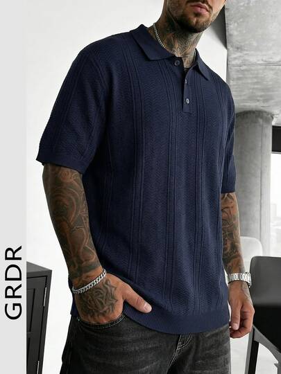 GRDR Polo homme unicolore à manches courtes, col polo, Top tricoté décontracté