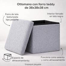 Reposapiés Compacto Tela Teddy 38x38x38cm Puff Decorativo Antideslizante En Color Negro o Gris Multifuncional Para Sala Dormitorio U Oficina. - Gris - Ver 3