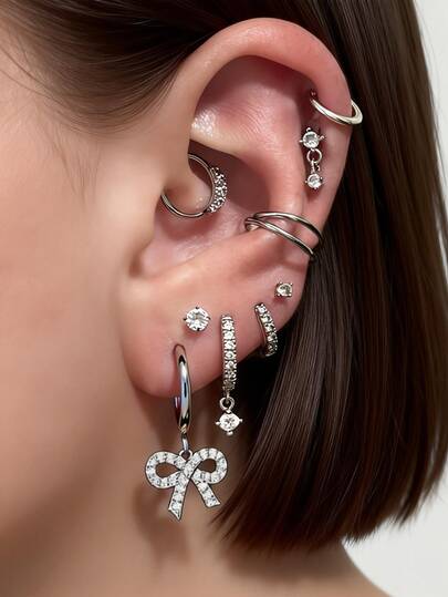 9pcs Cubic Zirconia Butterfly Pendant Earrings Set, Multi-Layer Pierced Earrings, Suitable For Women's Daily, Date, Music Festival, Party Layering