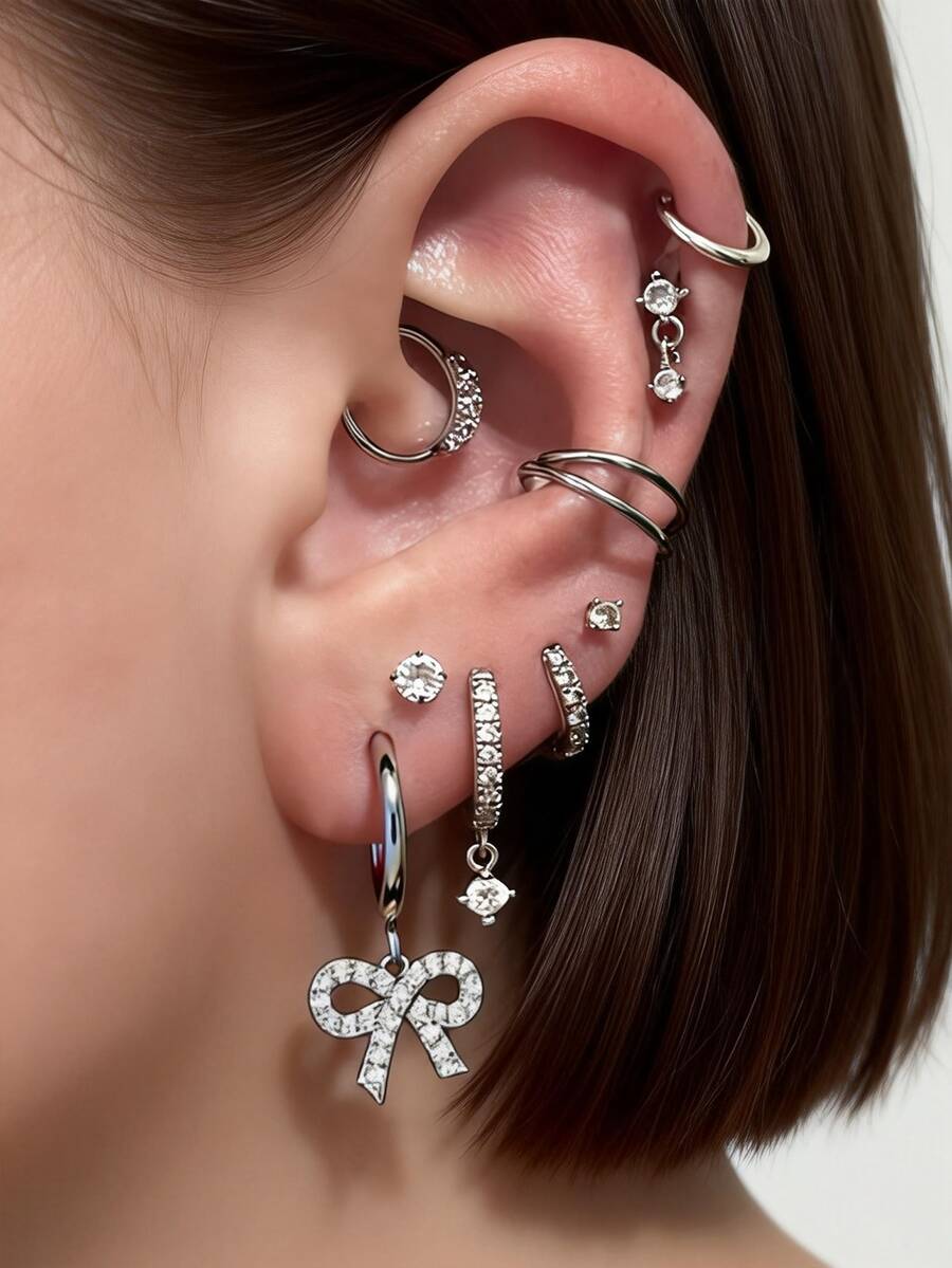 9pcs Cubic Zirconia Bow Pendant Earrings Set, Multi-Layer Pierced Earrings, Suitable For Women's Daily, Date, Music Festival, Party Layering - Silver - View 1