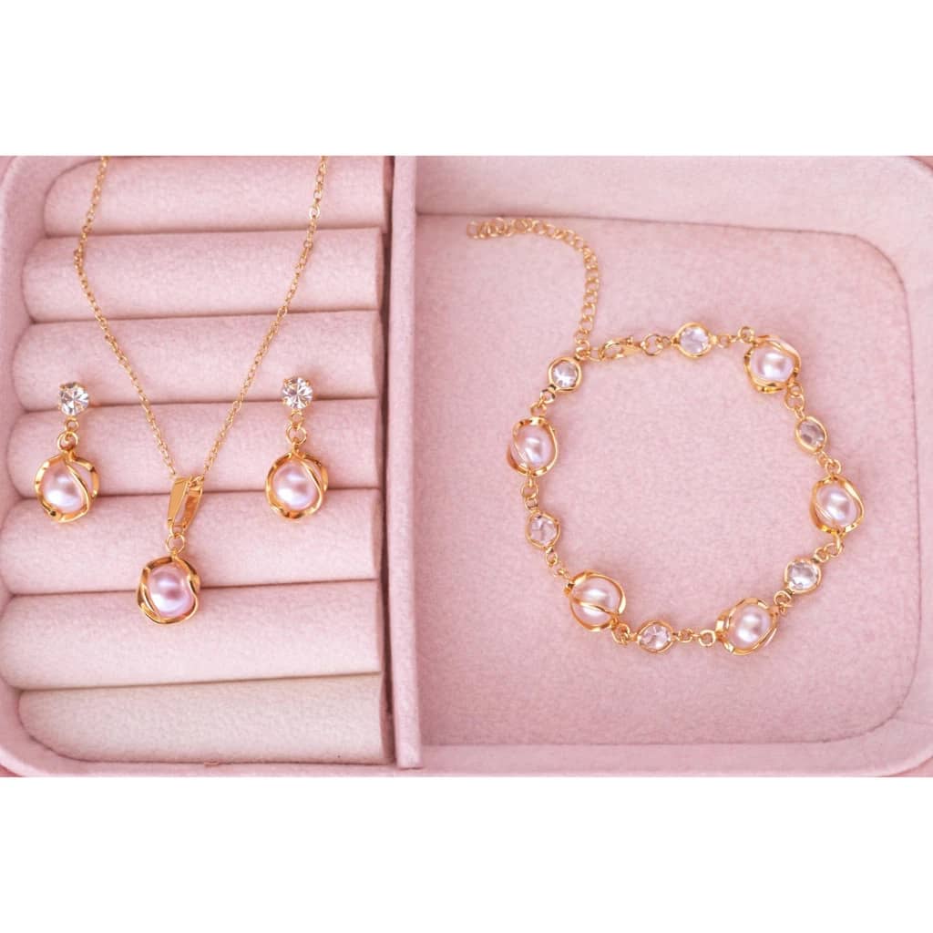 Women's Pearl Necklace + Earrings Set With Delicate Bracelet, 18k Gold Plated - Pendientes Collar Pulsera Oro - Ver 1