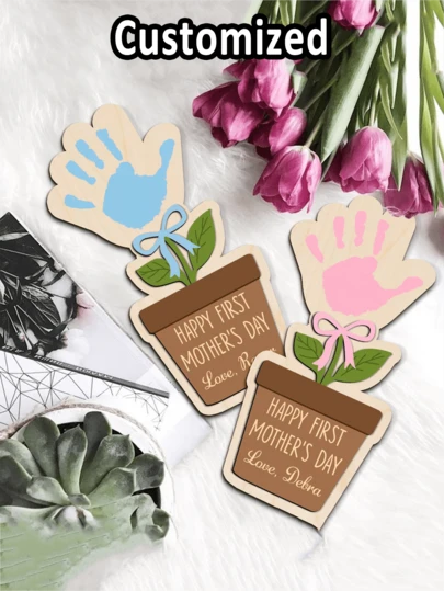 Personalized Custom Mother's Day Handprint Wooden Flower Logo, DIY First Mother's Day Handprint Logo, New Mother's Day Gift For Children, Gifts For Mothers
