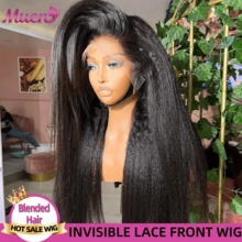 卷曲直发假发，巴西真人发混纺，13x4高清透明蕾丝前假发，混纺真人发，预先拔毛，带婴儿发，Yaki直发前假发，女士款，200密度混纺真人发假发，无胶巴西原生发，34英寸 - 自然色&黑色系 - 查看 2