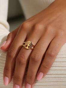 Charm-In Tree Of Life 18K Gold Plated Copper Open Ring | Dainty Split Shank Ring For Women | Perfect For Family Gifting & Daily Wear - Gold - View 3
