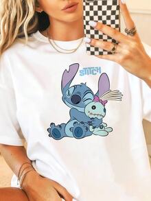 Women's White T-Shirt With Disney Minnie Mouse, Mickey Mouse, And Stitch Character Designs Is Especially Suitable For Warm Spring And Summer. - White - View 2