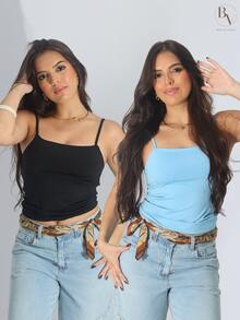 Kit Of 2 Women's Cropped Tank Tops, Basic Summer Style, Spandex - Black/Blue Bb - View 1