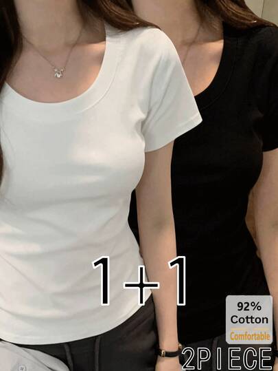 两件套多功能纯棉短袖T恤，纯色修身夏季打底衫