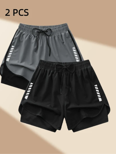 女士运动短裤两件装 | 速干涤纶氨纶混纺面料 | 透气轻盈 | 可调节抽绳腰带设计 | 几何图案 | 适合健身和休闲场合 | 可机洗 | 四季皆宜，舒适运动休闲服饰 | 功能性设计短裤 | 可调节舒适短裤 | 健身房运动裤 | 跑步慢跑裤