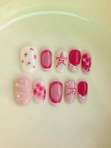 10pcs Pure Handmade Press On Nails Short Oval Nail Milky White Pink And Red Nails With Three-Dimensional Bow Tie Shell Pattern And Leopard Print Frence Cute Fancy Pain Y2k Gentle Stroble Flash Temperament For Women And Girl,Spring Summer Fall Winter,Holiday And Daily Life Use - Red - View 2