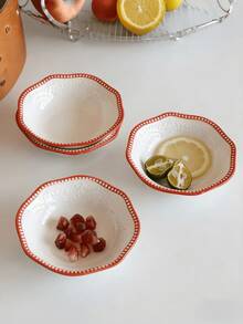 1pc Embossed Red Rim Ceramic Small Dish, Ins Style Snack Condiment Plate, Food Contact Tableware Dish, Suitable For Home, Restaurant, Gathering, Party - Red - View 1