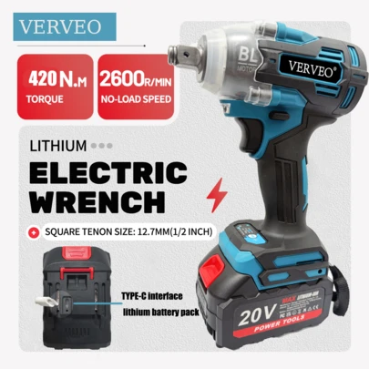 VERVEO Electric Tool, 520N. M Brushless Electric Impact Wrench 1/2 '', High-Power Drive, Equipped With Lithium Battery, Added TYP-C Charging Interface, Nut Removal, Small Car High Maintenance Special - Durable Hardware Tool, Dual Function.