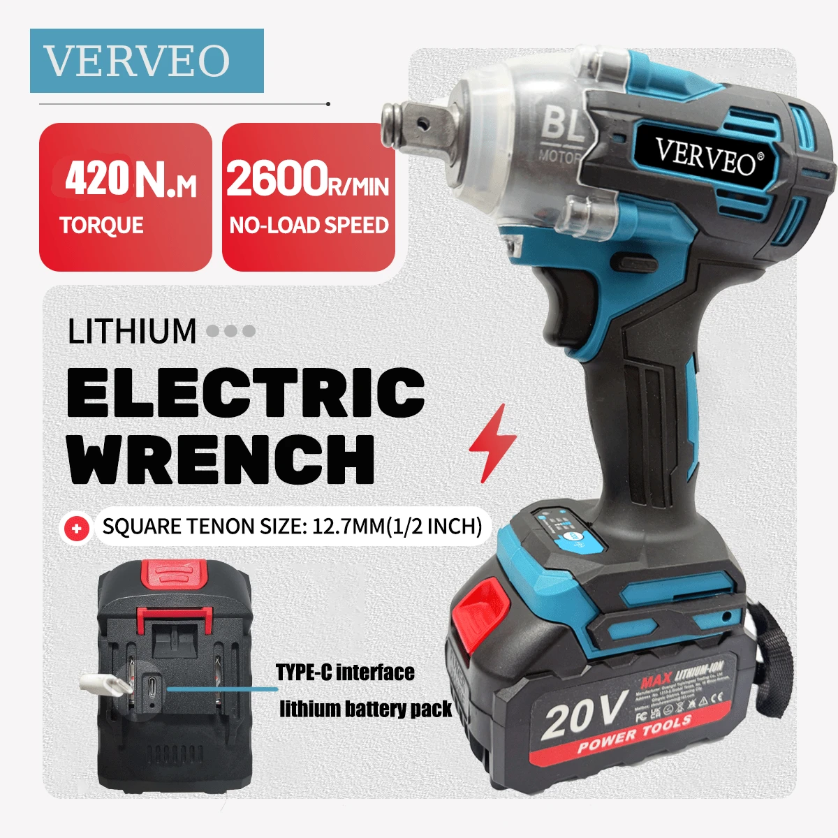 VERVEO Electric Tool, 420N.M Brushless Electric Impact Wrench 1/2", High Power Drive, Equipped With Lithium Battery, Added Type-C Charging Port, Nut Removal, Suitable For Small Vehicle Maintenance - Durable Hardware Tool, Dual Function