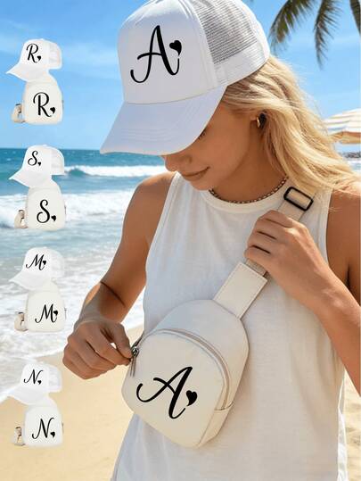 2 piezas Conjunto de gorra de camionero blanca y bolso de cintura para niñas con estampado de 26 letras y amor negro, único y dulce, ligero y protector solar, perfecto como regalo de cumpleaños/festivo para actividades al aire libre de primavera/verano, senderismo, escuela y juego. Ambos son impermeables y versátiles, adecuados para moda y deportes al aire libre con una bolsa cruzada de gran capacidad