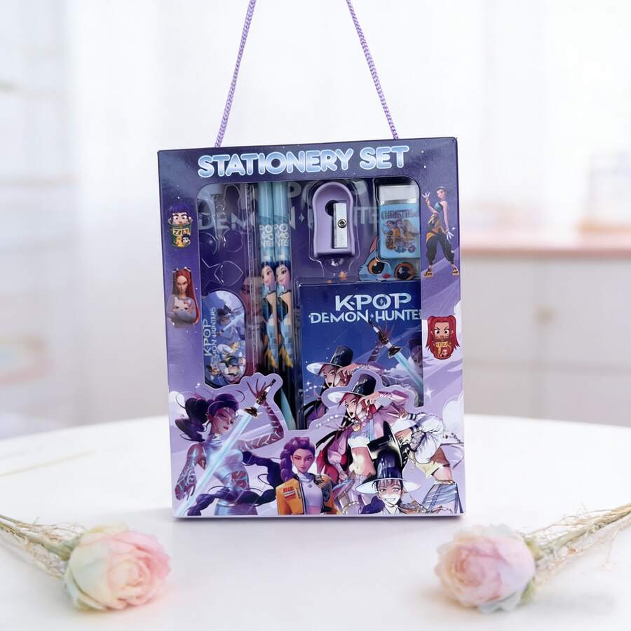 KPOP 女团“猎巫”主题两件套文具套装，包含铅笔、卷笔刀、橡皮、笔记本、尺子，适合办公、书写、生日、派对、返校礼物等场合。 - 彩色 - 查看 1