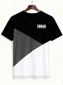 Camiseta de manga corta de cuello redondo con estampado de letras, casual y versátil para uso diario - Negro - Ver 3