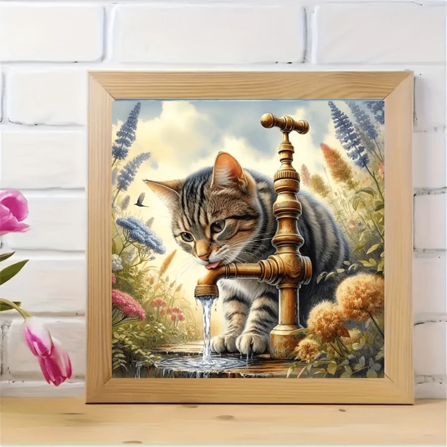 1件装新款猫咪饮水主题钻石画套装，5D圆形水晶钻石马赛克DIY工艺品，适合制作手工礼物，装饰客厅、卧室、圣诞节、复活节、情人节、宰牲节、父亲节、母亲节、婚礼等场合，不含画框
