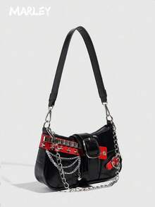 1pc Women PU Leather Hand Bag, Y2K Baddie Bag, Versatile Star Design Crescent Shoulder Bag, Black & Red Contrast Chain Strap Bag, Millenial Crossbody Underarm Chain Starry Bag, Fashionable Street Style Bag For Girls Party And Gifting Valentines, Y2k Bag, Gothic Punk Bag For Women, 2000s Fashion Style Bag For Women, Halloween Purse Perfect For Fancy Party Halloween Fashion & Gothic Fashion, Best Halloween Gifts For Women - 黑色 - 查看 2