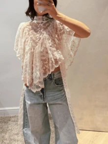 Women Boho Lace Tops Summer Mock Neck Batwing Sleeve Poncho Shirt Y2k Floral Embroidered Sheer Mesh Flowy Crop Top - trắng - Xem 7