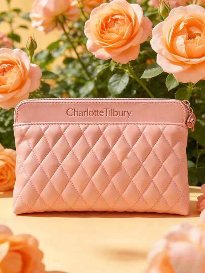 Charlotte Tilbury Quilted Makeup Bag - Available In Pink And Burgundy, Luxury Makeup Pouch With Rose Gold Zipper, Portable Travel Organizer