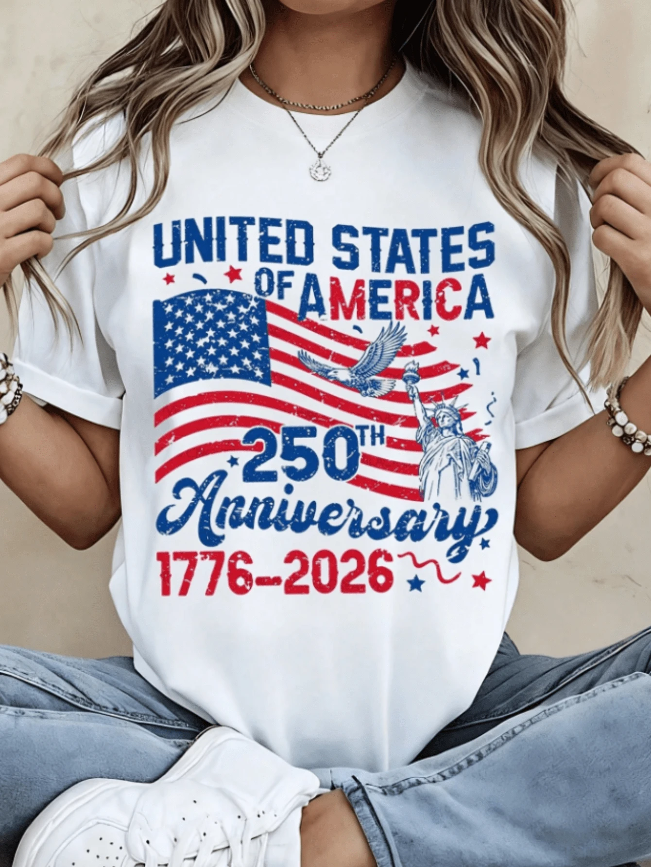 Women's USA 250th Anniversary Vintage Cotton T-Shirt, Casual Short Sleeve Round Neck Tee, Medium Stretch For Everyday Style - 白色 - 查看 1
