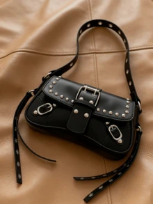 1pc Women's Retro Maillard Moto Punk Rivet Decor Adjustable Shoulder Strap Large Capacity Soft Faux Oiled Leather Gradient Color Shoulder Underarm Bag, Suitable For Work, Commute, Date, Party - Black - View 4
