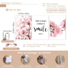 3pcs Nordic Style Floral Smiling Face Quote Wall Art - Pink Magnolia Flower Print, Pink Floral Decor Suitable For Living Room, Bedroom, Office - Simple Installation Canvas Wall Art, Fashionable Girl Art, Inspirational Quote Art, Home Decor, Painting - 3pcs - View 17