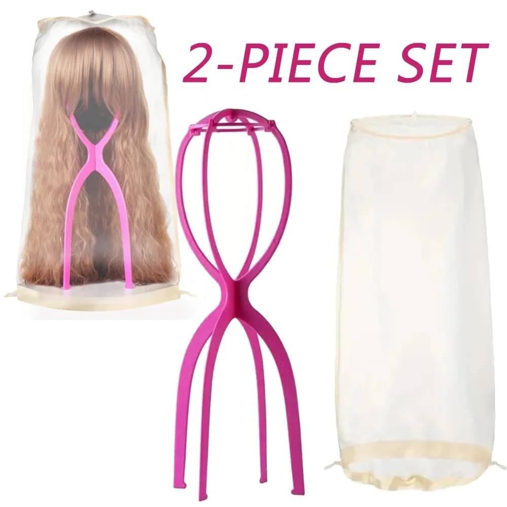 2pcs/Set Wig Storage Bag Wth Wig Stand, 1pc Adjustable Wig Bag With Drawstring Portable And 1pc Plastic Stand For Wigs - Multicolor - View 1