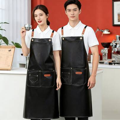 Waterproof Oil Resistant PU Leather Apron, Soft Durable Commercial Work Apron For Catering, Kitchen, Seafood Market, Canteen, Supermarket, Heavy Duty Waterproof Work Wear, Professional Chef Apron For Restaurant, Food Service, Butcher, Cooking, Anti-Oil Anti-Water Work Apron With Adjustable Neck Strap, Universal Size For Men Women