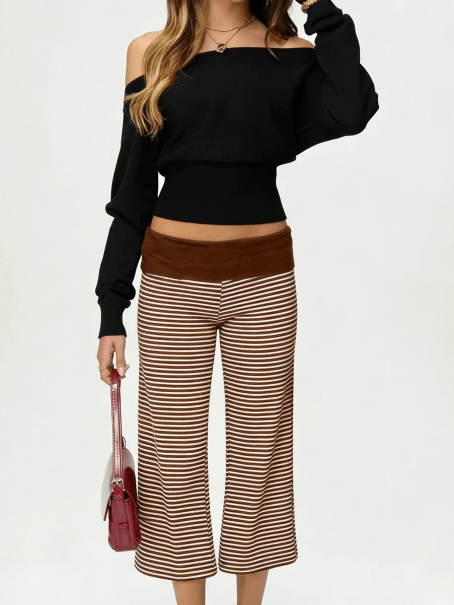 Women's Fold Over Waist Capri Fashionable Casual Solid Color Low Rise Wide Leg Crop Pants - 巧克力棕 - 查看 1