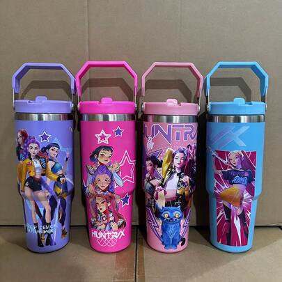 Cốc du lịch chủ đề K-POP - Cốc giữ nhiệt chống rò rỉ có tay cầm và ống hút, thích hợp cho ô tô, văn phòng và các buổi tụ họp người hâm mộ - Cốc du lịch giữ nhiệt bằng thép không gỉ có tay cầm, ống hút và in hình nhân vật, thích hợp sử dụng hàng ngày.