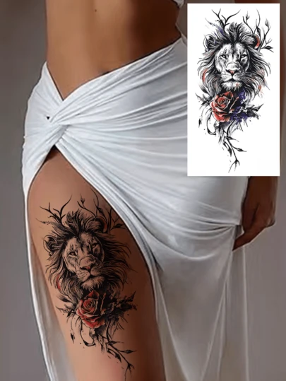 1pc Gorgeous Lion + Rose Temporary Tattoo Sticker, Fashionable Realistic Adult Fake Tattoo, Waterproof & Durable, Can Cover Scars & Wounds, Add Artistic Vibe To Skin, Floral Body Art Tattoo Suitable For Waist, Arms, Easy To Apply & Remove, Handcrafted
