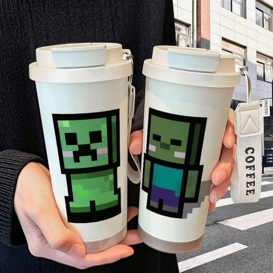 Minecraft 1个像素游戏主题保温不锈钢吸管杯，大容量咖啡/水杯，时尚学生款 - 彩色 - 查看 1