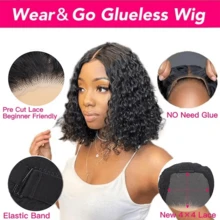 Curly Human Hair Wig With Bangs 13x4 Lace Short Water Wave Curly Glueless Wigs Layered Bob Wig Human Hair 250% Density Ready To Wear Wigs Glueless Human Hair For Women (12 Inch 1B Black) - Natural Black - 查看 8