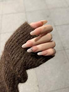 10pcs Pure Handmade Press On Nails Long Oval Nail Nude Pink Nails Diamond Ring Cute Fancy Pain Y2k Gentle Stroble Flash Temperament For Women And Gril,Spring Summer Fall Winter,Holiday And Dailys Life Use - Beige - View 2