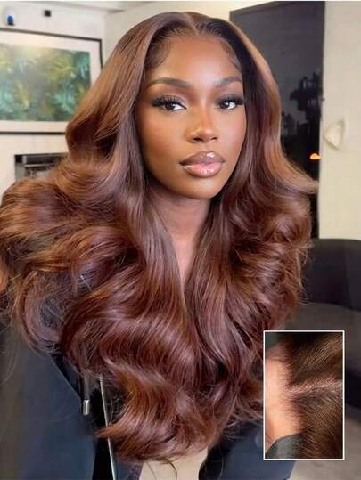 SHINEHAIR Braziliaanse pruiken van echt mensenhaar, HD-dichtheid 200%, 76-91 cm, chocoladebruine kleur, natuurlijke golf, 13x6 lace front pruik.