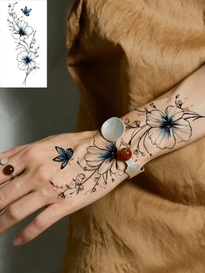 1张花卉蝴蝶图案临时纹身贴纸，时尚逼真成人假纹身，防水，可遮盖疤痕和伤口，为肌肤增添艺术气息，适用于腰部、手臂等部位，易于粘贴和去除。