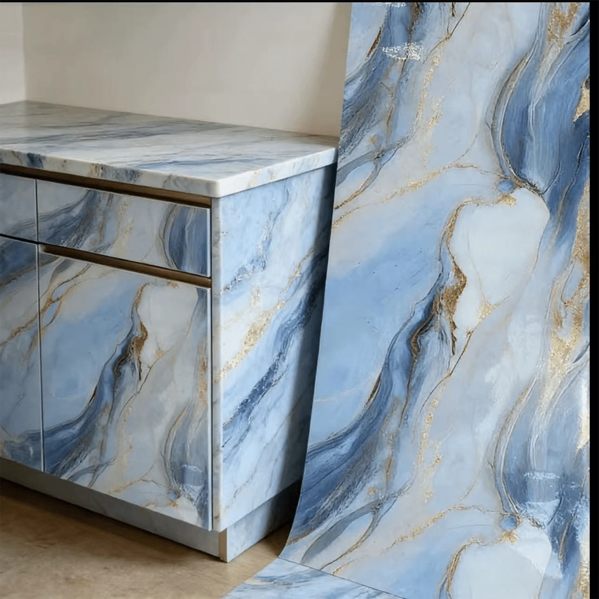 1 Roll Blue Marble Pattern Waterproof Oil-Proof Contact Paper, Heat Resistant Self-Adhesive Wallpaper, Suitable For Cabinets, Countertops, Tabletops - Easy Installation, Removable, Applicable For Kitchen, Bedroom, Living Room Home Decor, Marble Style, Wall Covering, Renovation