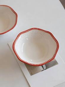 1pc Embossed Red Rim Ceramic Small Dish, Ins Style Snack Condiment Plate, Food Contact Tableware Dish, Suitable For Home, Restaurant, Gathering, Party - Red - View 4